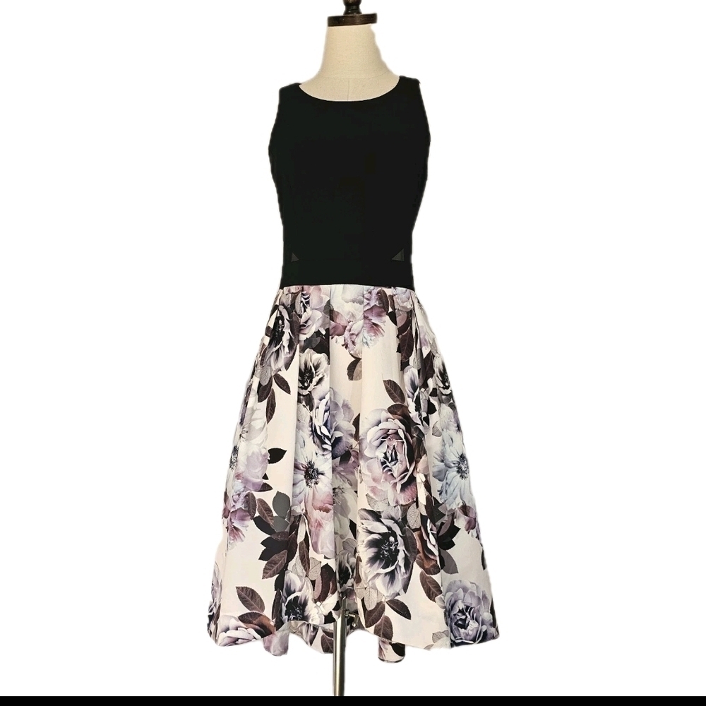 Xscape Black and White Floral Party Cocktail Fit and Flare Midi  Dress Size 6